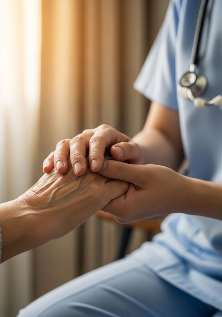A nurse gently holding an older person's hand during a consultation.
